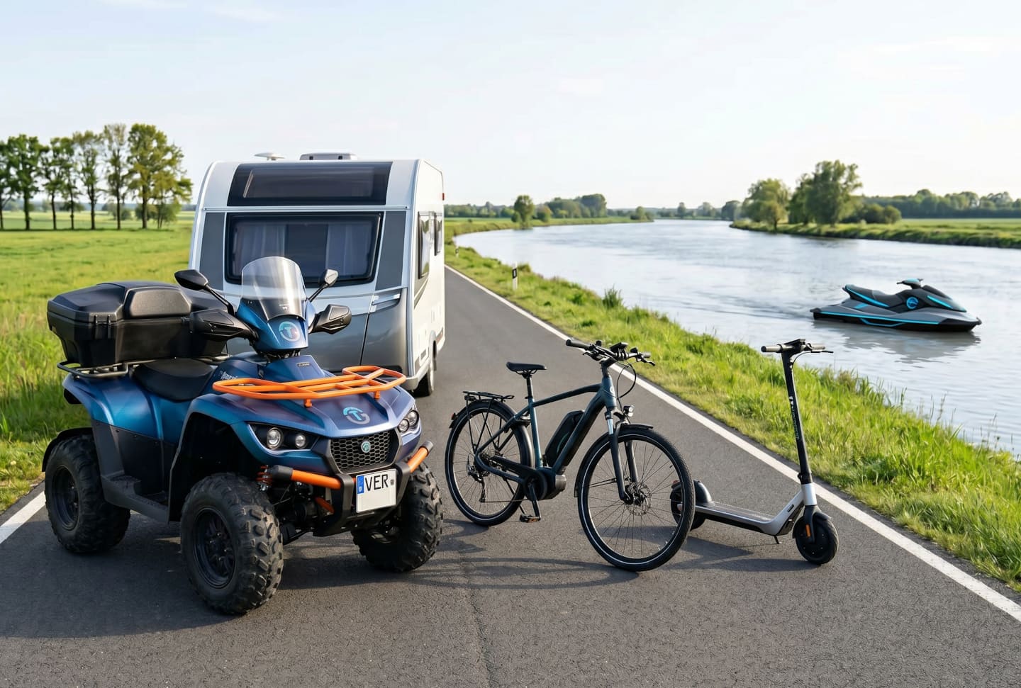 Freizeit & Outdoor mit Wohnwagen, E-Bikes, E-Scootern, E-Jetski, ATV und Transportanhänger